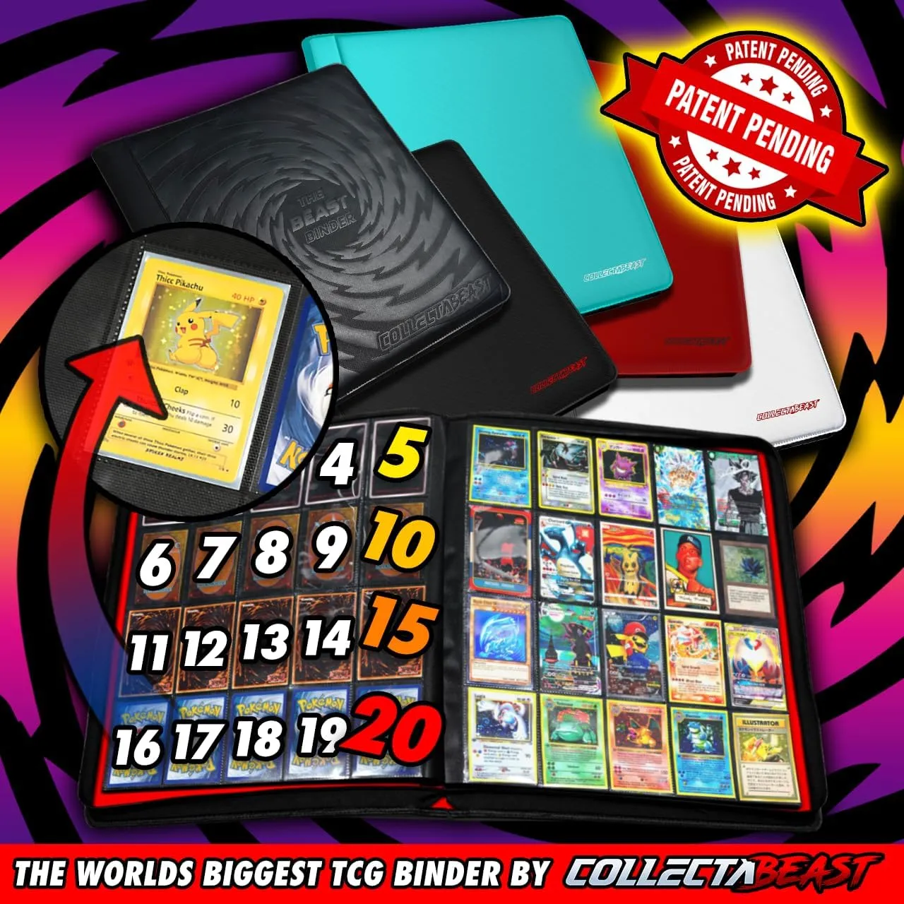 1280  Cards 20 Pocket Card Binder Collector Card Album - Pages Compatible with Pokemon Cards, Sports Cards, Yugioh, MTG and Other TCG - Trading Card Sleeve with Side Loading Pockets (Red/Red)