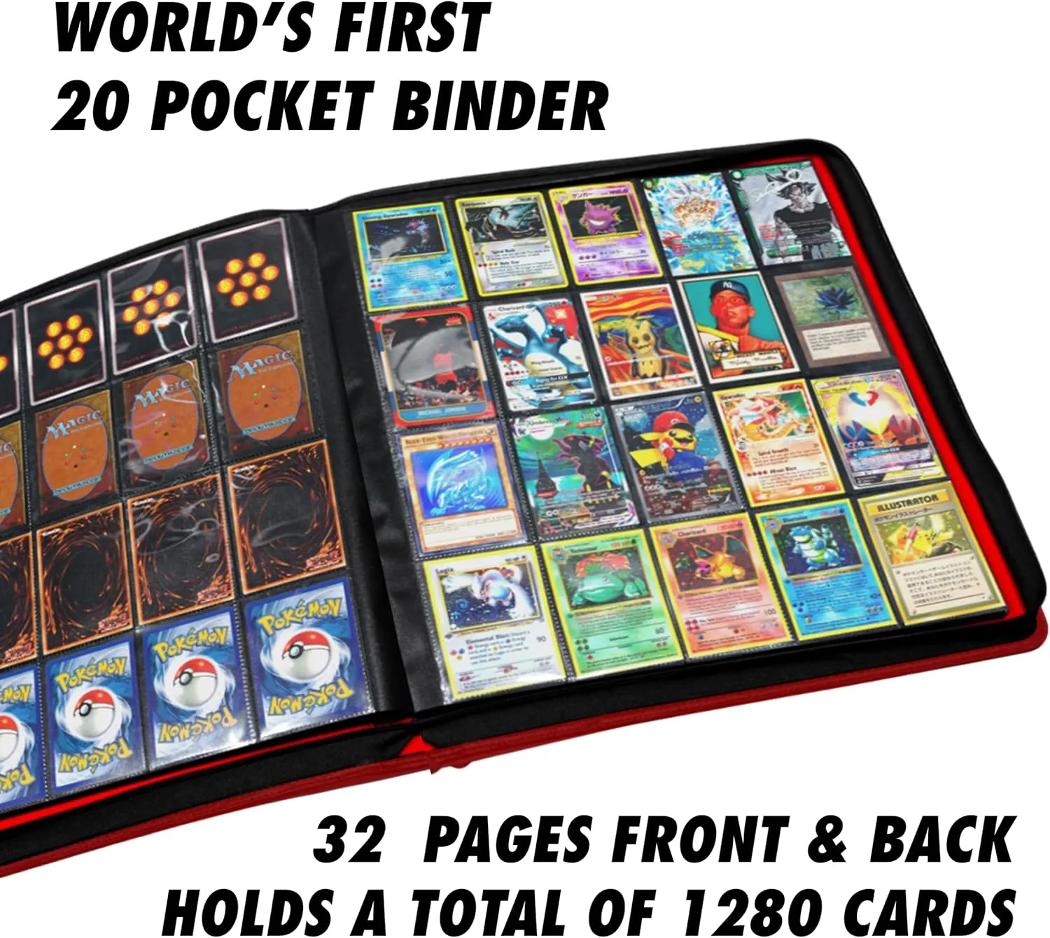 1280  Cards 20 Pocket Card Binder Collector Card Album - Pages Compatible with Pokemon Cards, Sports Cards, Yugioh, MTG and Other TCG - Trading Card Sleeve with Side Loading Pockets (Red/Red)