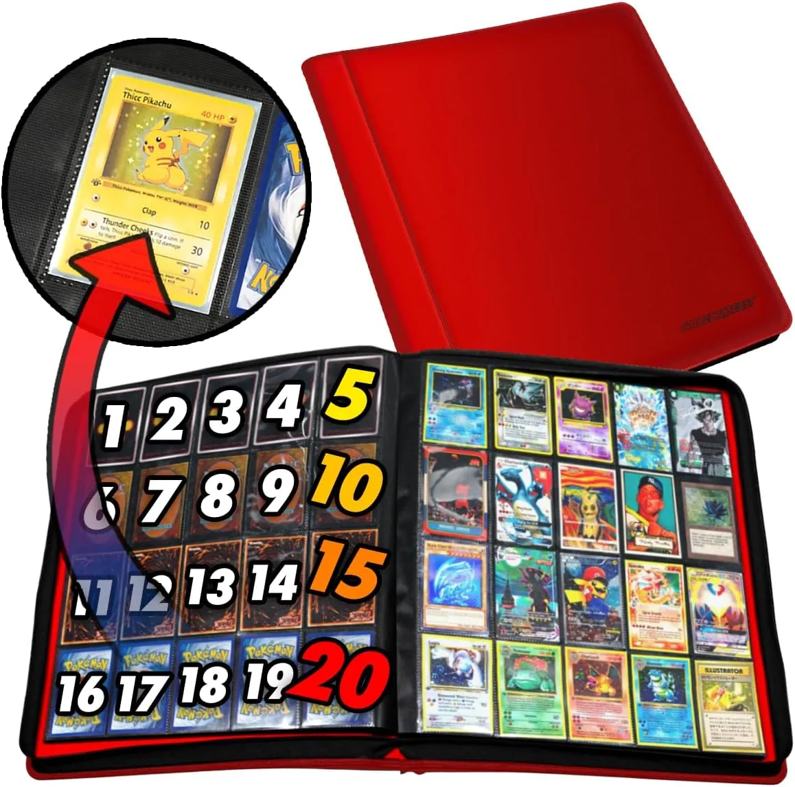 1280  Cards 20 Pocket Card Binder Collector Card Album - Pages Compatible with Pokemon Cards, Sports Cards, Yugioh, MTG and Other TCG - Trading Card Sleeve with Side Loading Pockets (Red/Red)