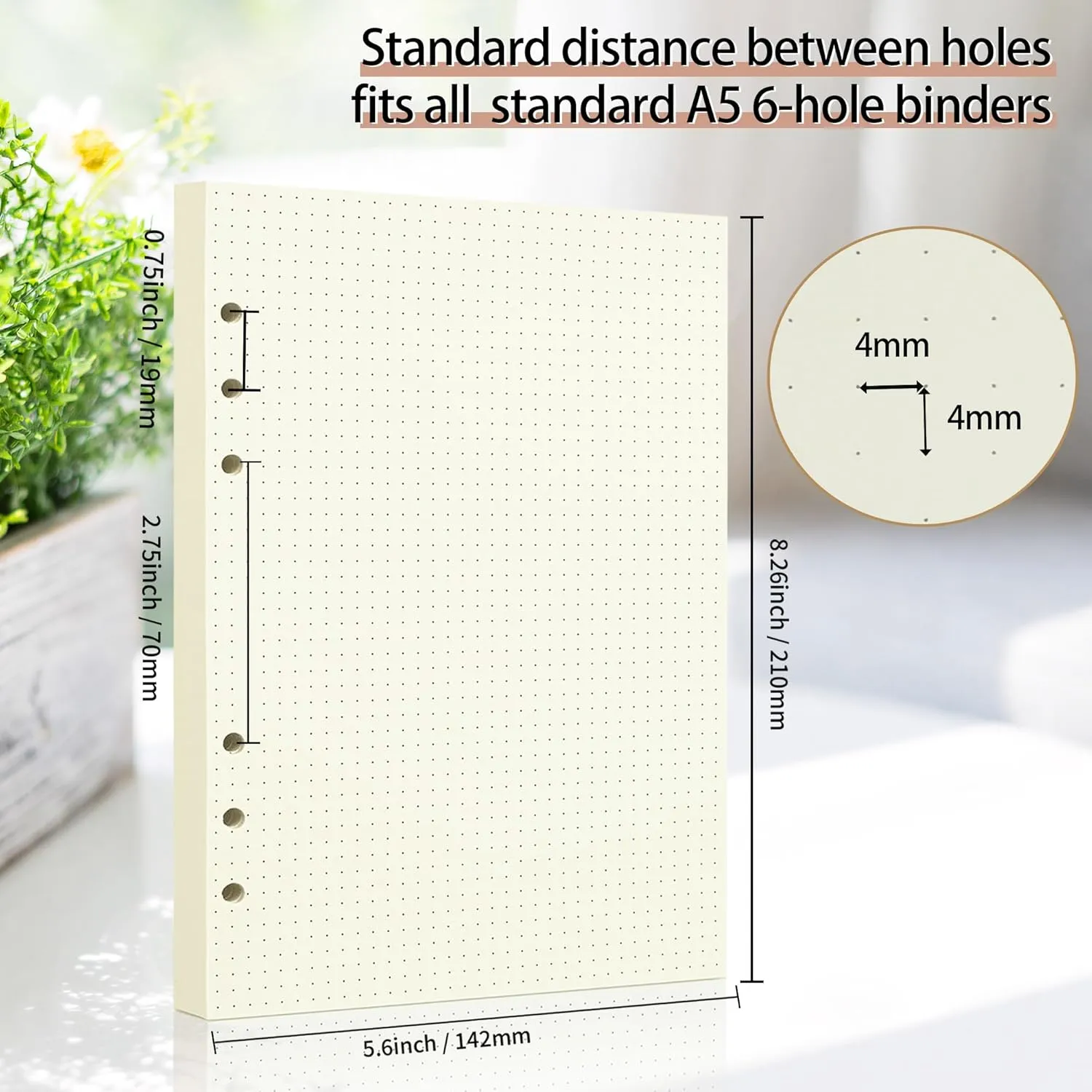 A5 Dot Grid Paper, 100GSM A5 Dotted Refill Paper for 6 Ring Refillable Binder/Planner/Diary Journals/Painting -Dotted Pages,80 Sheets/160 Pages (Beige-Dot Grid-A5)