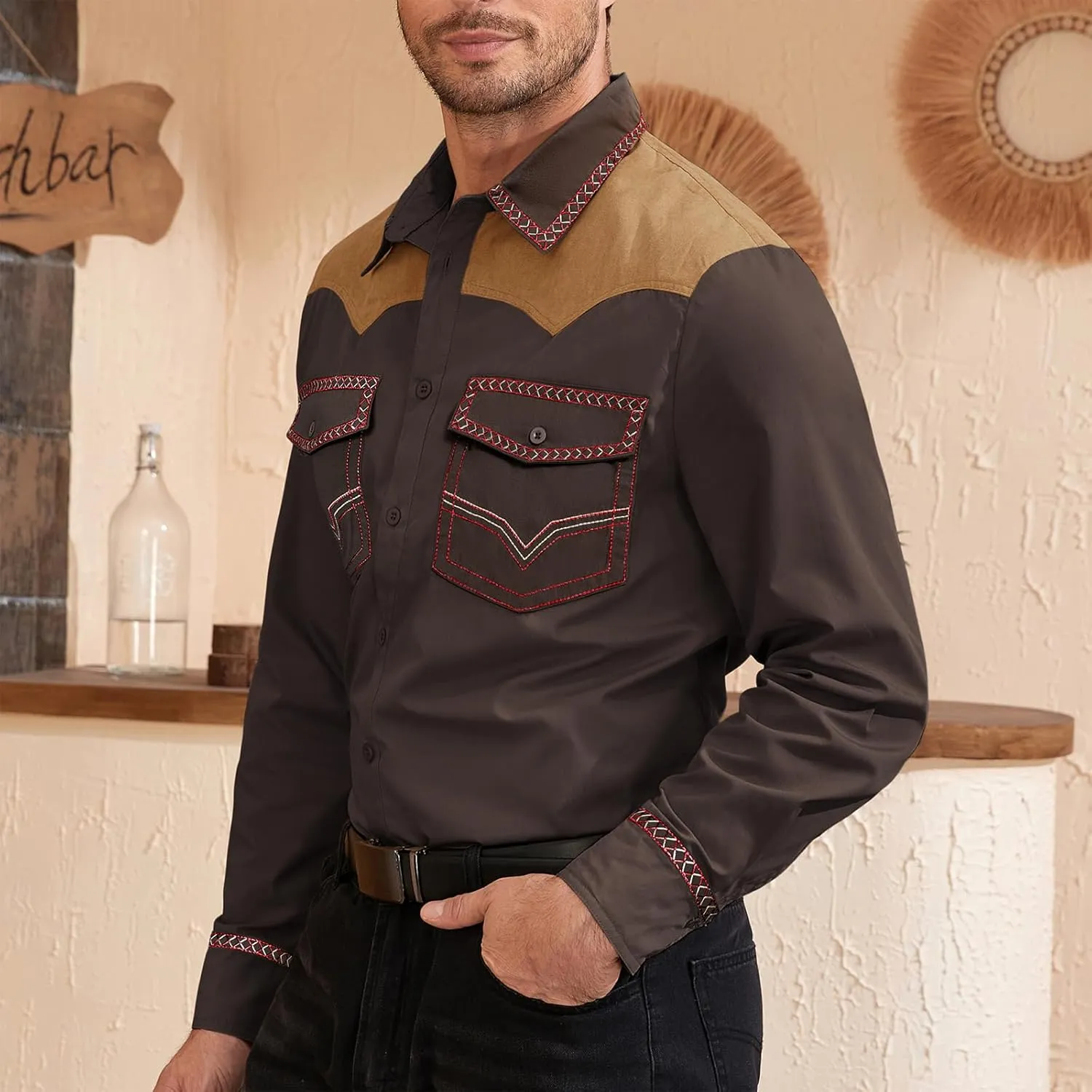 American Trends Mens Western Shirts Long Sleeve Cowboy Shirts for Men Casual Button Down Shirts Country Shirt