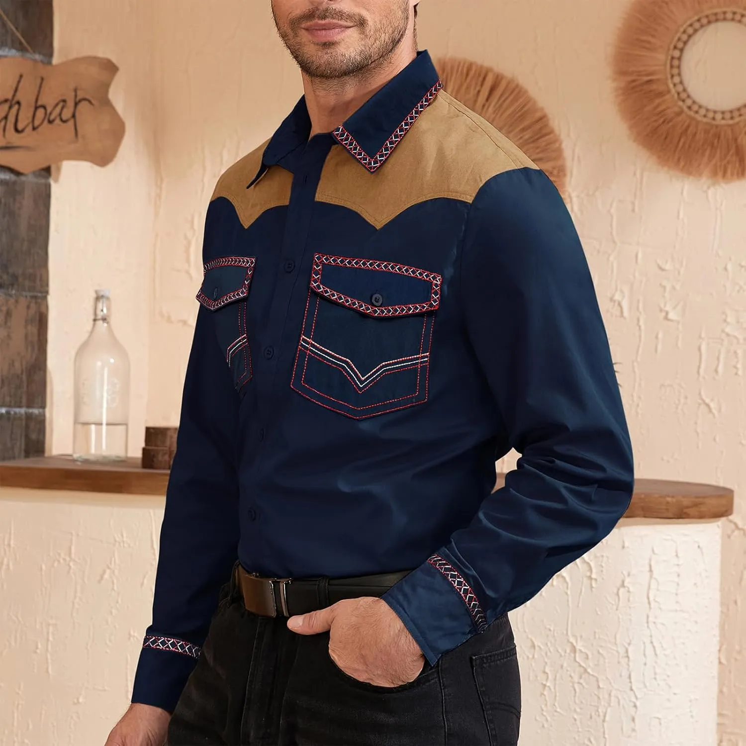 American Trends Mens Western Shirts Long Sleeve Cowboy Shirts for Men Casual Button Down Shirts Country Shirt