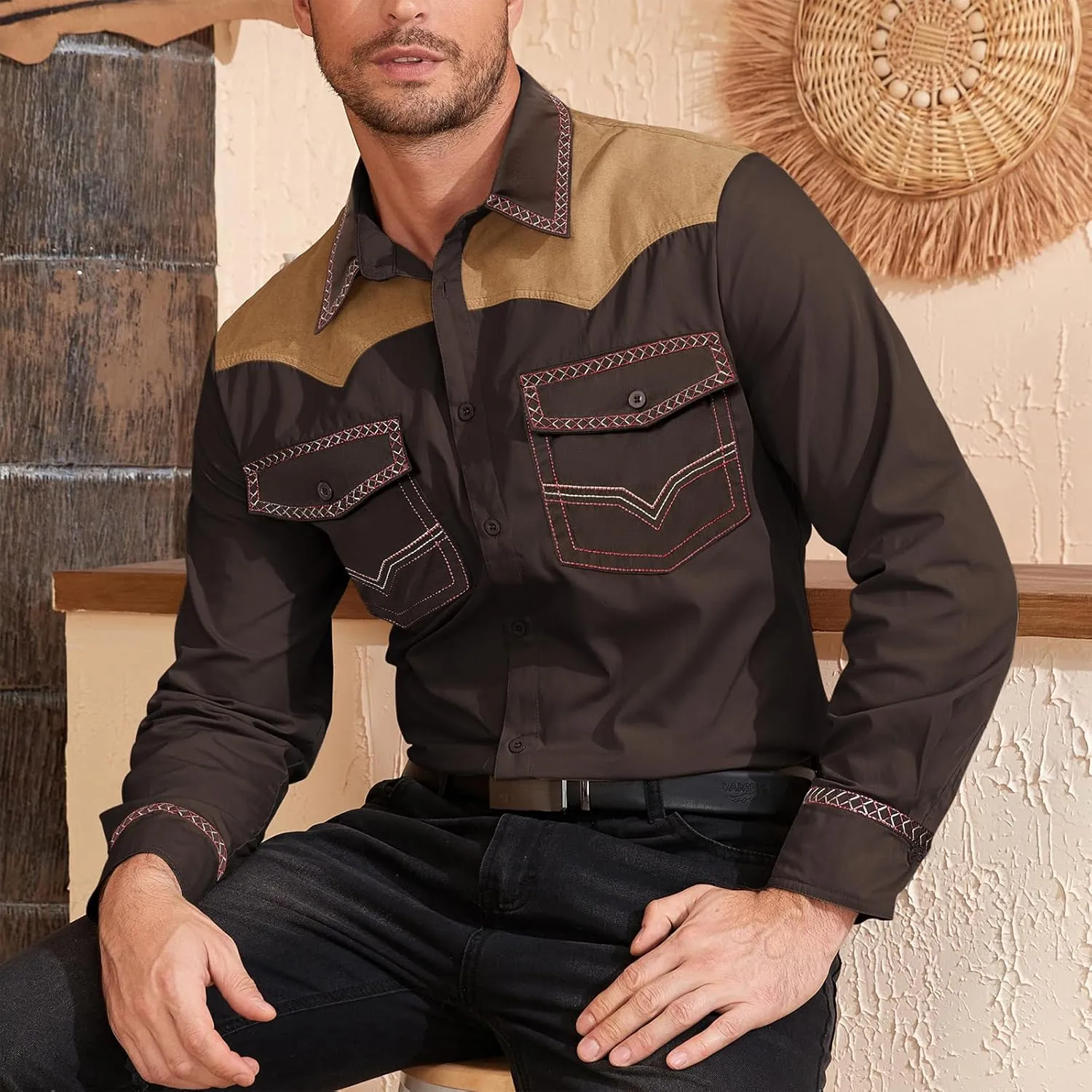 American Trends Mens Western Shirts Long Sleeve Cowboy Shirts for Men Casual Button Down Shirts Country Shirt
