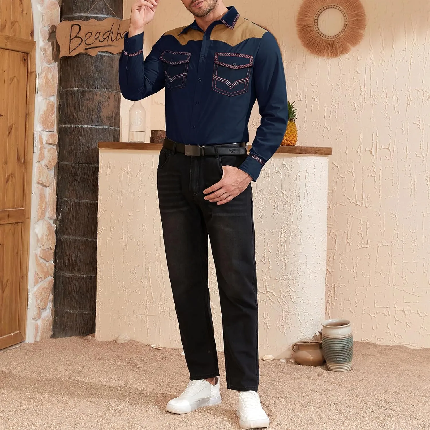 American Trends Mens Western Shirts Long Sleeve Cowboy Shirts for Men Casual Button Down Shirts Country Shirt