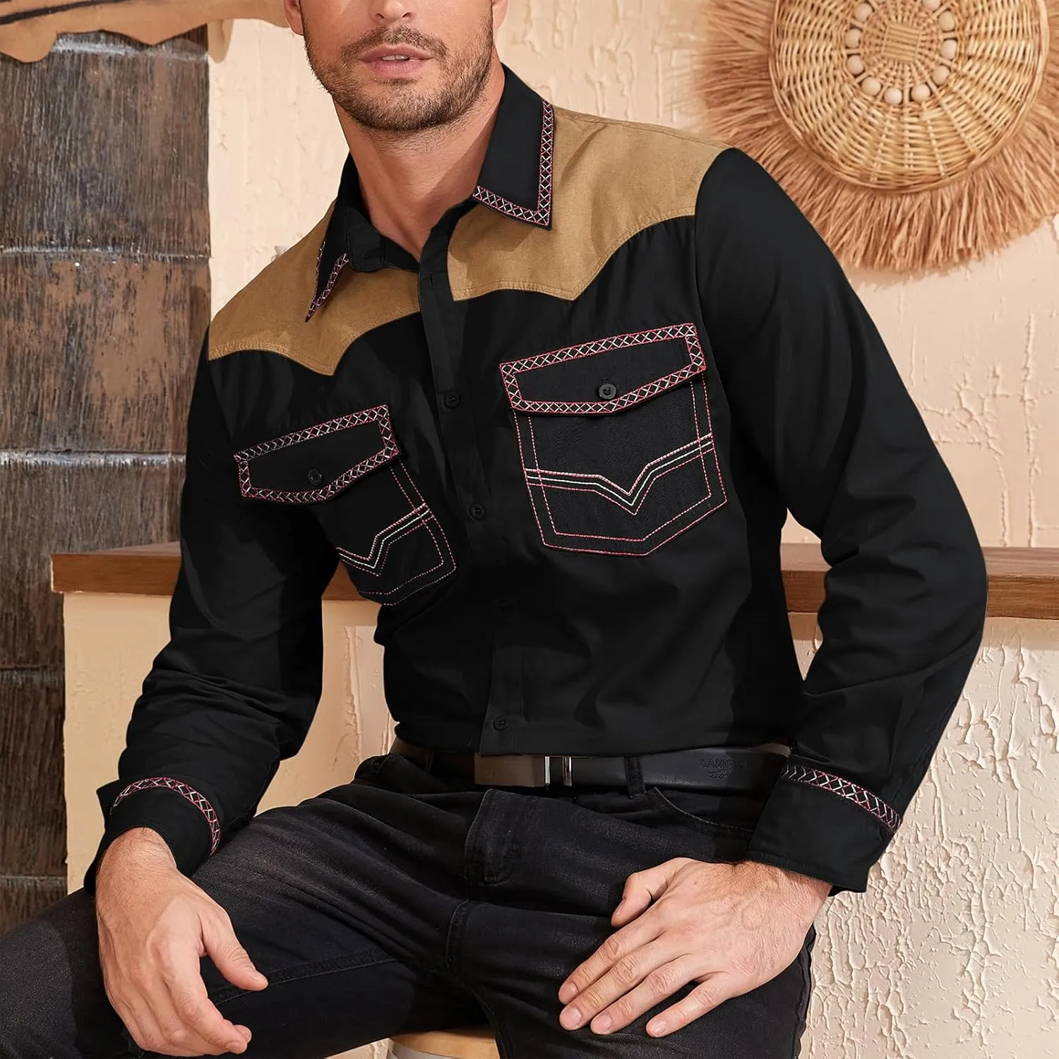American Trends Mens Western Shirts Long Sleeve Cowboy Shirts for Men Casual Button Down Shirts Country Shirt
