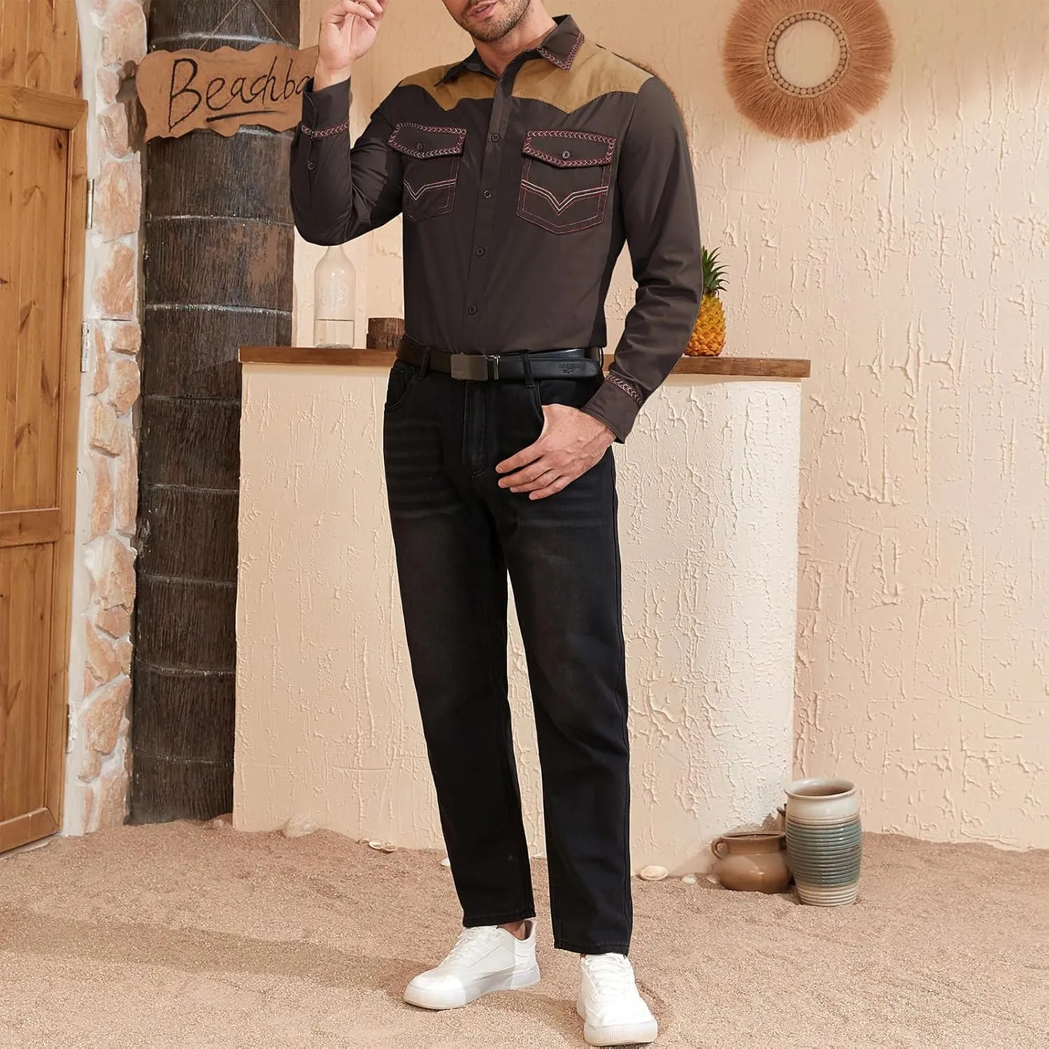 American Trends Mens Western Shirts Long Sleeve Cowboy Shirts for Men Casual Button Down Shirts Country Shirt