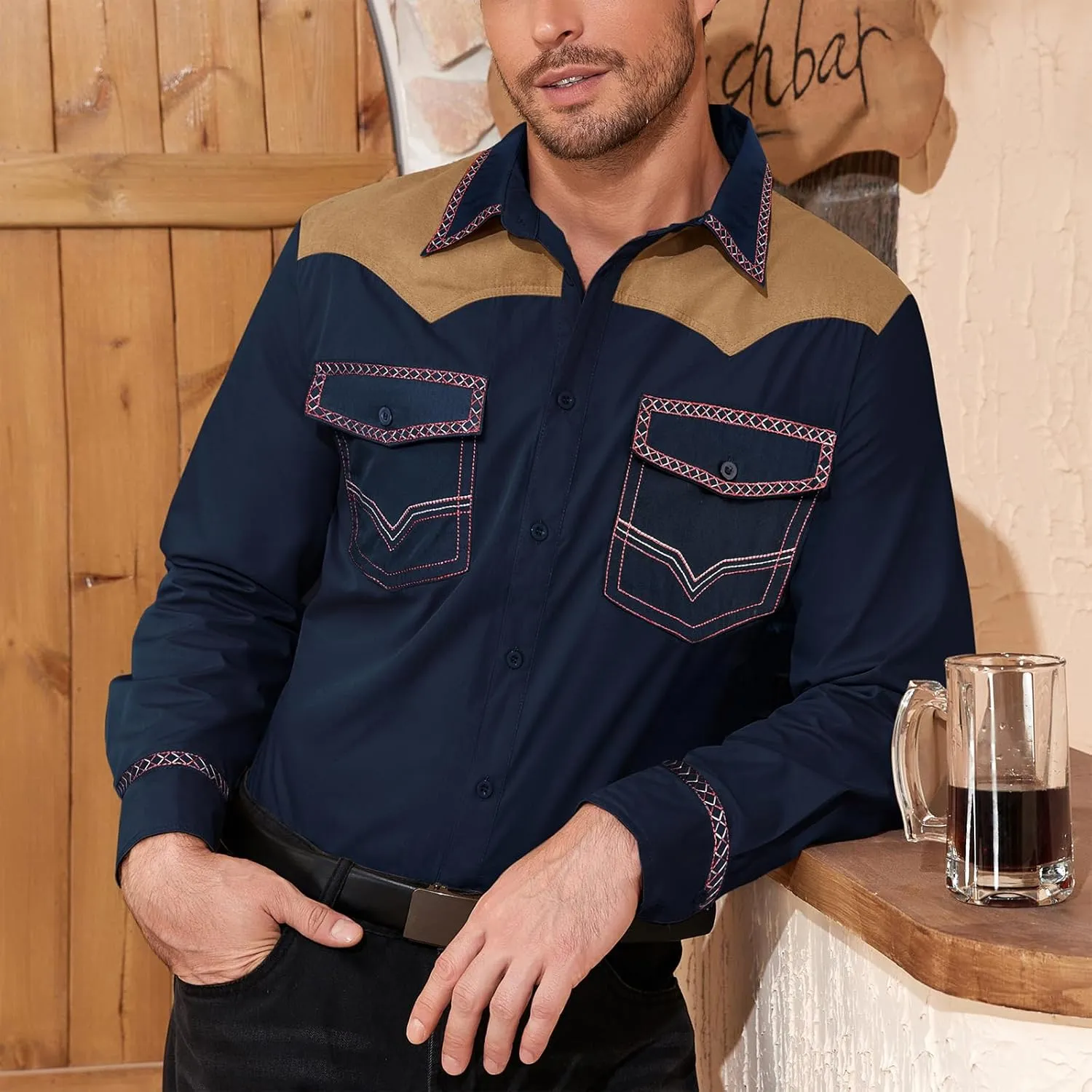 American Trends Mens Western Shirts Long Sleeve Cowboy Shirts for Men Casual Button Down Shirts Country Shirt