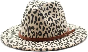 DHAEY European and American Fur Leopard Print Hat Men and Women Flat Brim Jazz Hat Big Brimmed Hat Felt Hat Straight Brimmed Hat Luopan Caps & Hats(Beige)