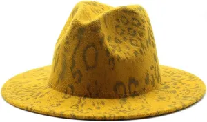 DHAEY New European and American Wool Hat Leopard Print Hat White Flat Brim Jazz Hat Big Brimmed Hat Felt Hat Luopan Caps & Hats (Color : Orange Yellow, Size : 56-58cm)