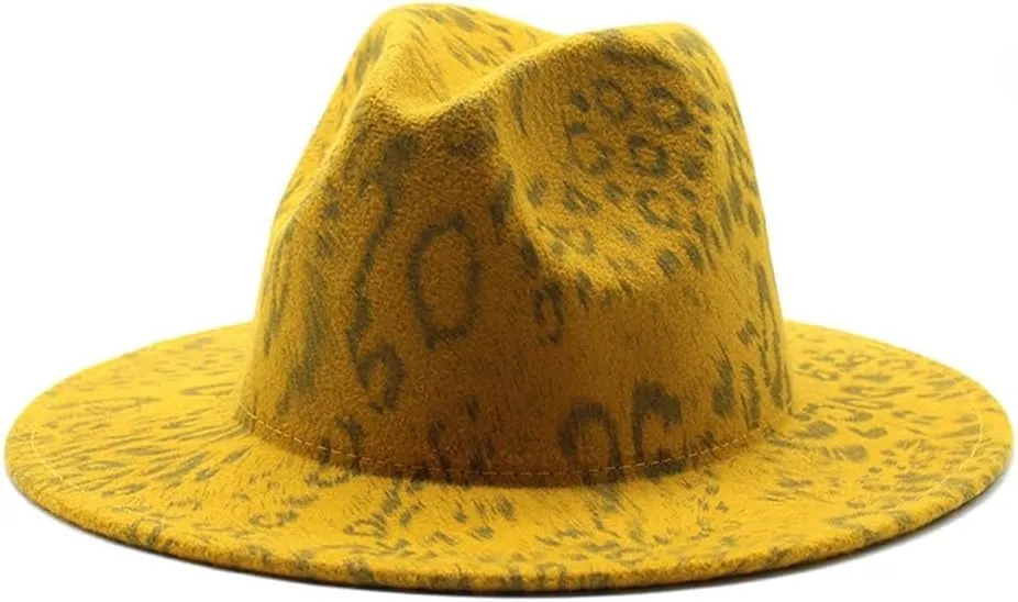DHAEY New European and American Wool Hat Leopard Print Hat White Flat Brim Jazz Hat Big Brimmed Hat Felt Hat Luopan Caps & Hats (Color : Orange Yellow, Size : 56-58cm)