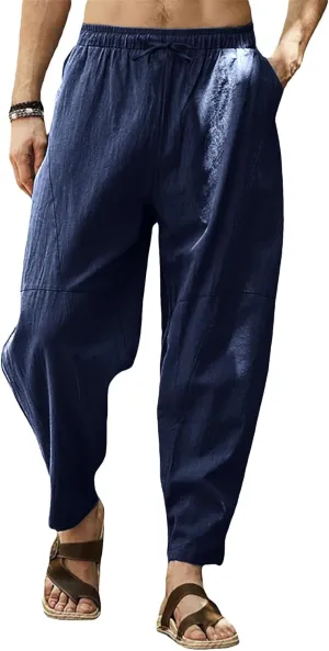 Gafeng Mens Linen Harem Pants Casual Loose Fit Beach Drawstring Elastic Waist Yoga Trousers with Pockets