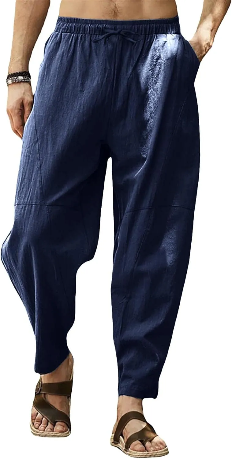 Gafeng Mens Linen Harem Pants Casual Loose Fit Beach Drawstring Elastic Waist Yoga Trousers with Pockets