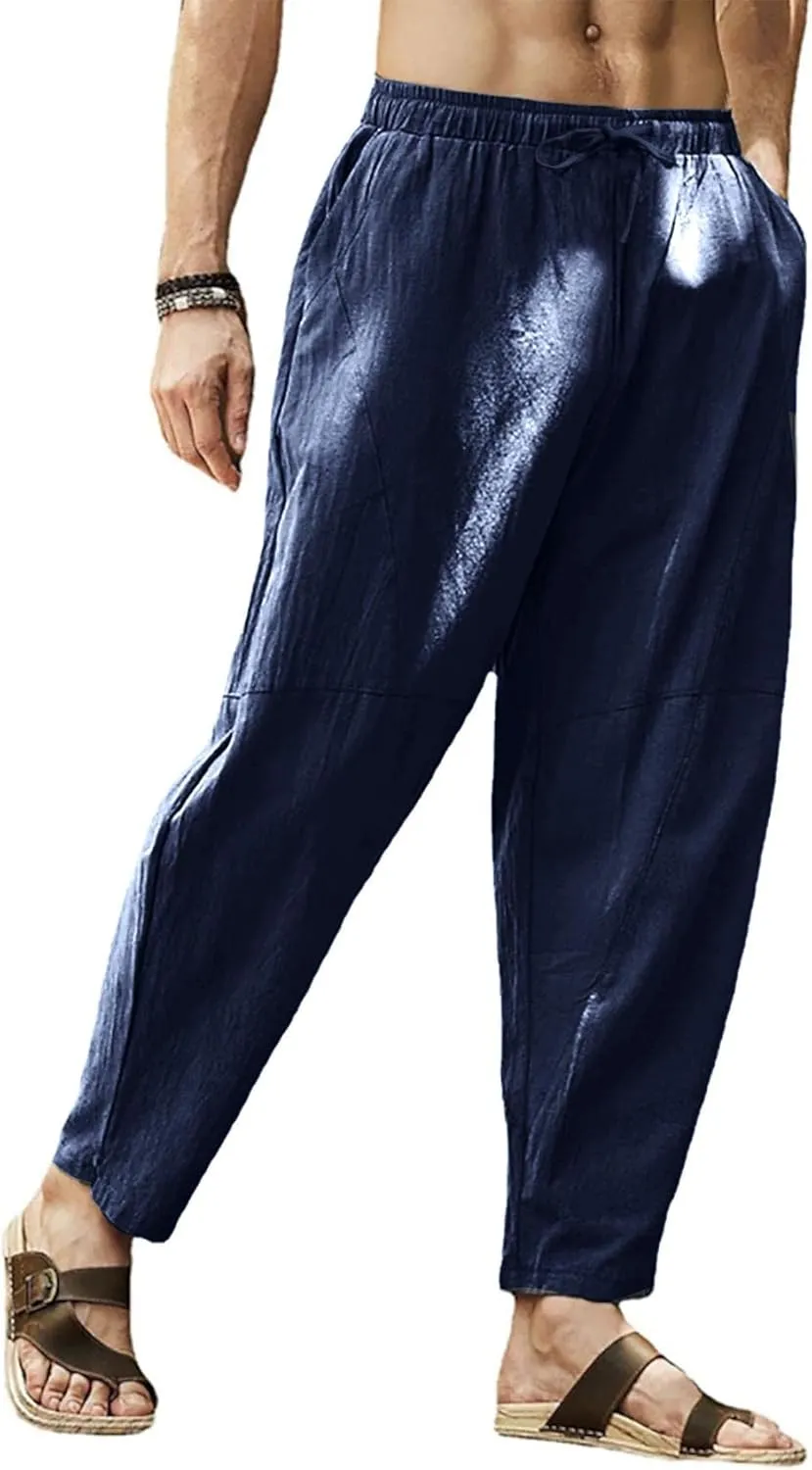 Gafeng Mens Linen Harem Pants Casual Loose Fit Beach Drawstring Elastic Waist Yoga Trousers with Pockets