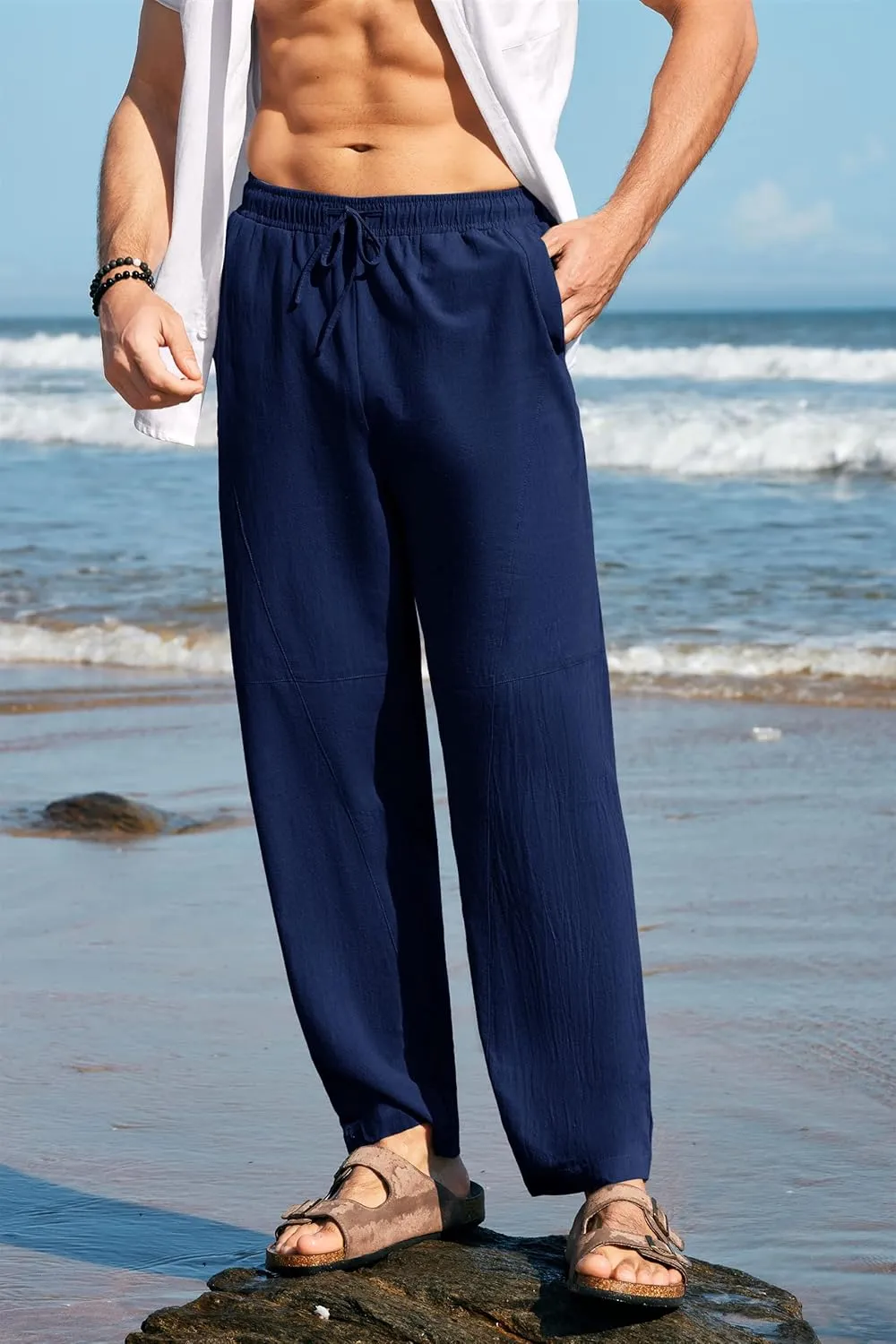 Gafeng Mens Linen Harem Pants Casual Loose Fit Beach Drawstring Elastic Waist Yoga Trousers with Pockets