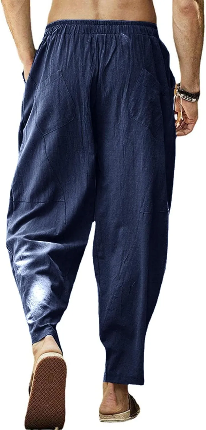 Gafeng Mens Linen Harem Pants Casual Loose Fit Beach Drawstring Elastic Waist Yoga Trousers with Pockets