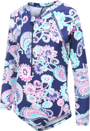Girls Long Sleeve Rash Guard One Piece Swimsuit Kids UPF 50  Sun Protection Swimwear Rainbow Striped Bathing Suit 3-14 Years