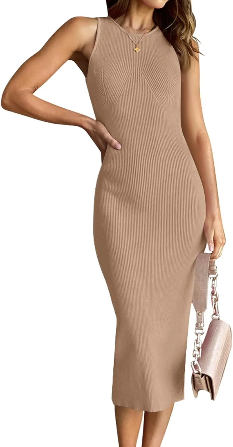 HAEOF Women's 2025 Summer Bodycon Midi Dress Casual Sleeveless Ribbed Sweater Back Slit Fashion Date Party Work Long Dresses
