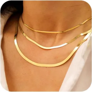 Herringbone Gold Necklace for Women, Non Tarnish 14k Gold Plated Layered Necklaces Simple Dainty Gold Chain Thin Trendy Choker Snake Necklace Gold Jewelry for Women Gift14 /16/ 18inch