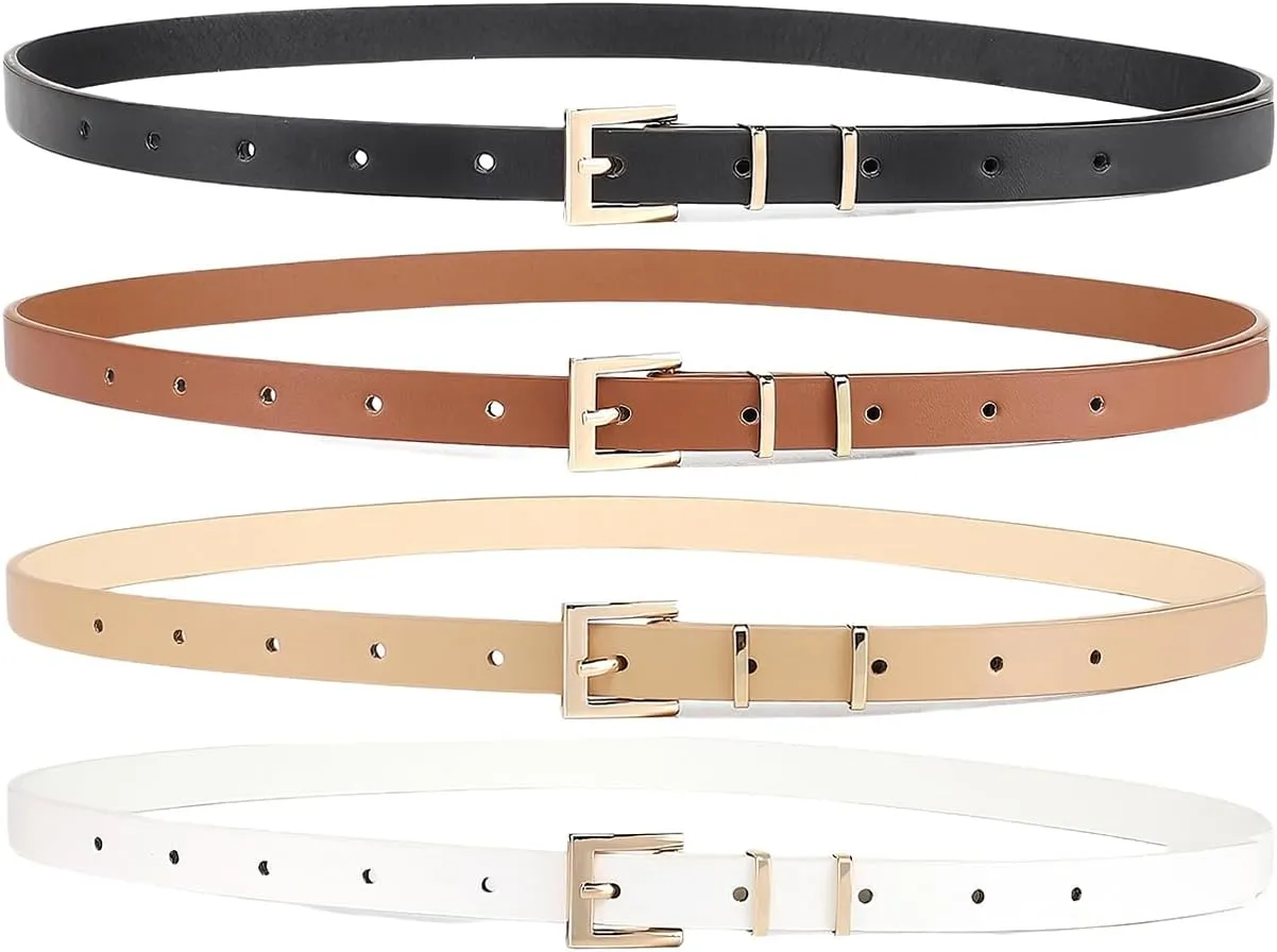 HOTWILL 4 Pack Women Skinny Belts for Jeans Dress Thin Waist Belt for Ladies with Gold Buckle 0.55" Width