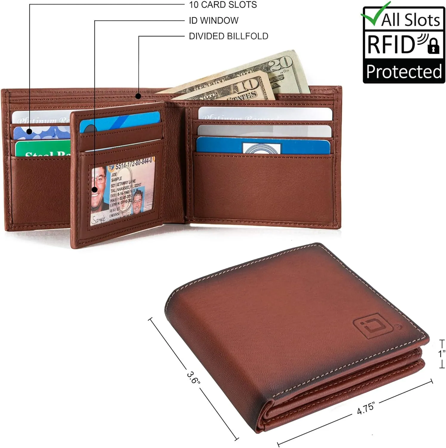 ID Stronghold Extra Capacity Bifold Wallet for Men - RFID Blocking Genuine Leather Wallet (Antiqued Brown)