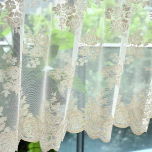 Kotile Beige Lace Valance Curtain for Kitchen Window, Rusitc Floral Vintage Cream Sheer Valance Over Sink 18 Inch Length, Rod Pocket Privacy Short Valance for Windows, 52 x 18 Inch, 1 Panel, Beige