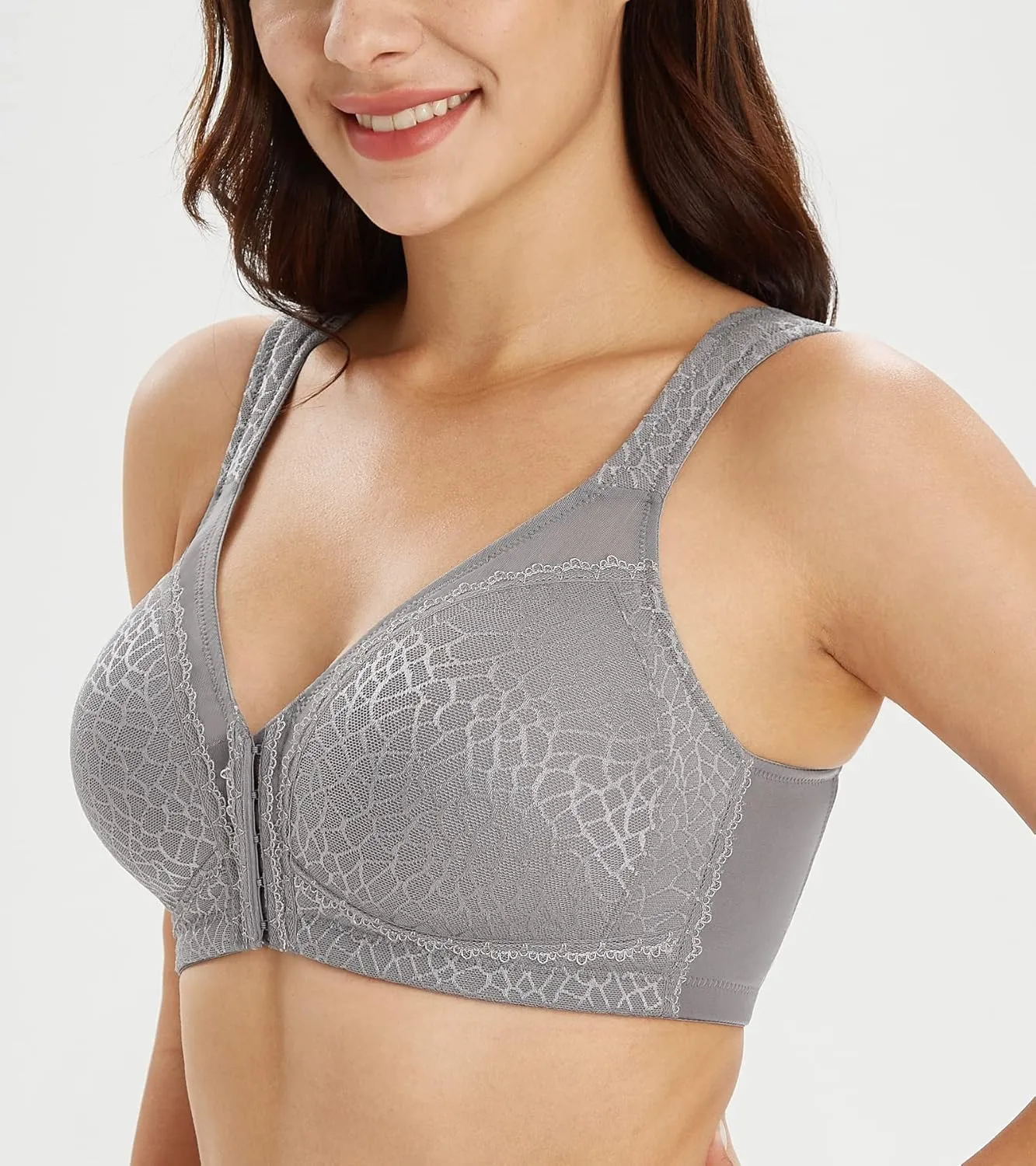 Lemorosy Women's Plus Size Full Coverage Front Closure Posture Back Unpadded Wireless Double Support Minimizer Bra