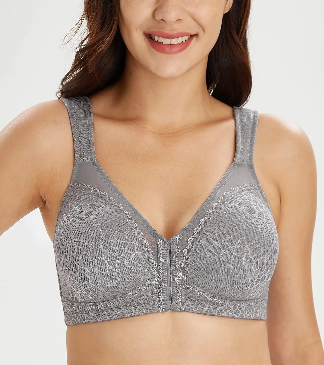 Lemorosy Women's Plus Size Full Coverage Front Closure Posture Back Unpadded Wireless Double Support Minimizer Bra