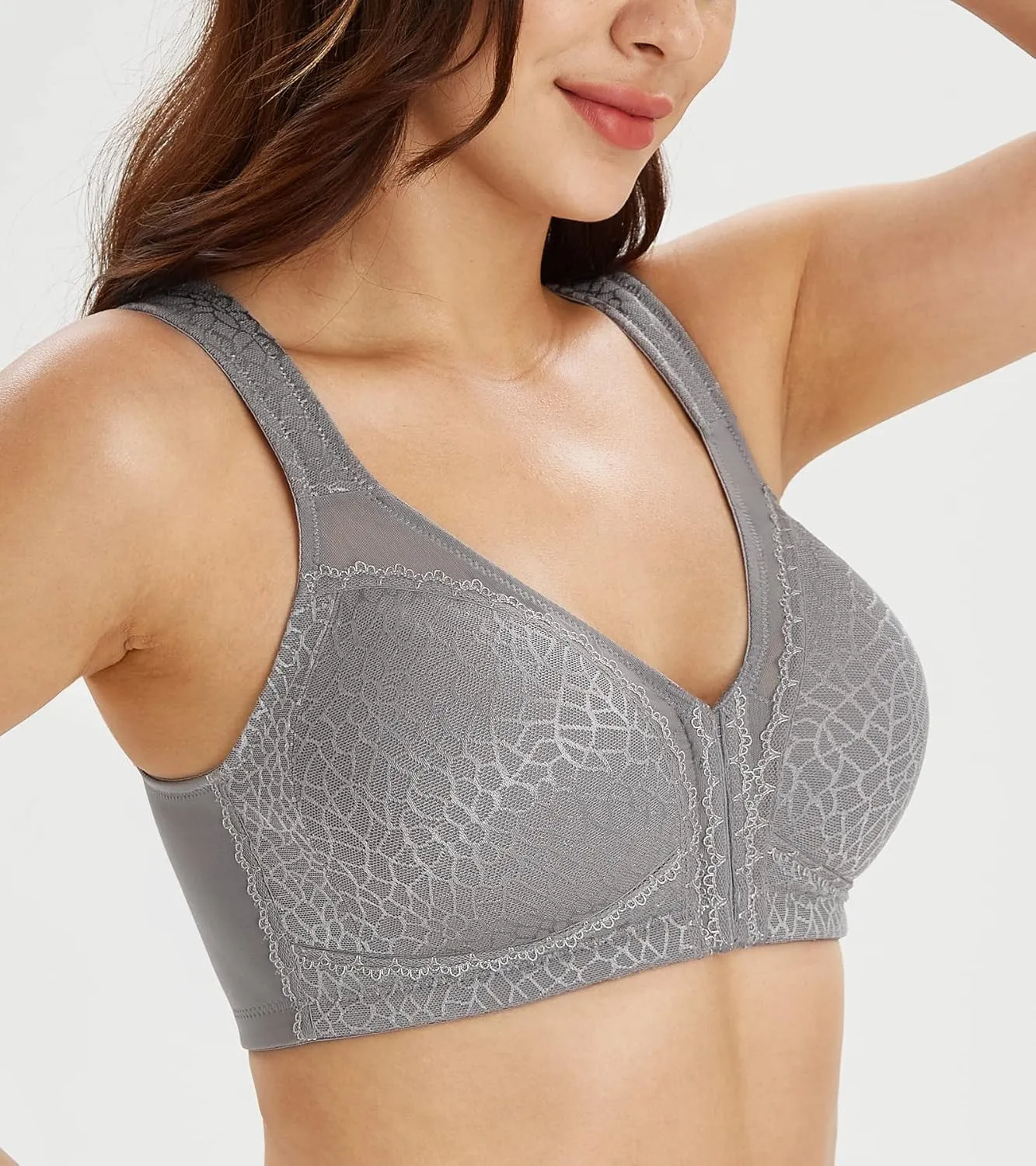 Lemorosy Women's Plus Size Full Coverage Front Closure Posture Back Unpadded Wireless Double Support Minimizer Bra