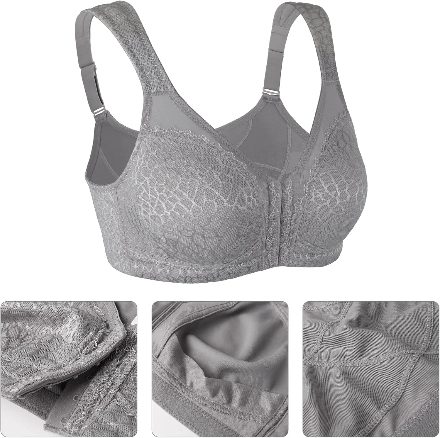 Lemorosy Women's Plus Size Full Coverage Front Closure Posture Back Unpadded Wireless Double Support Minimizer Bra