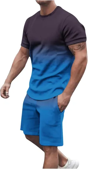 Muscularfit Mens Short Sets 2 Piece Outfits Causal Gradient Color Tracksuit Sweatshirt and Drawstring Shorts Set for Men 2023