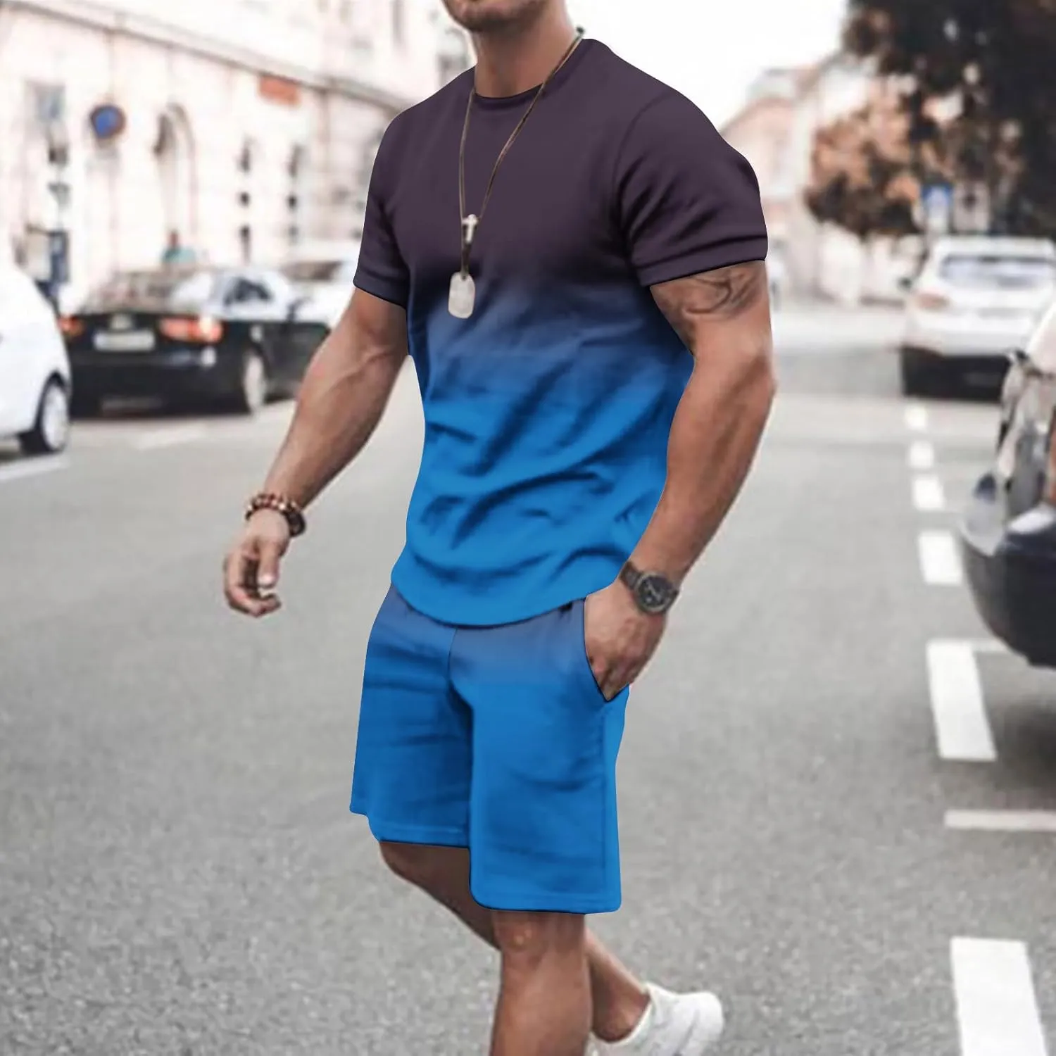 Muscularfit Mens Short Sets 2 Piece Outfits Causal Gradient Color Tracksuit Sweatshirt and Drawstring Shorts Set for Men 2023