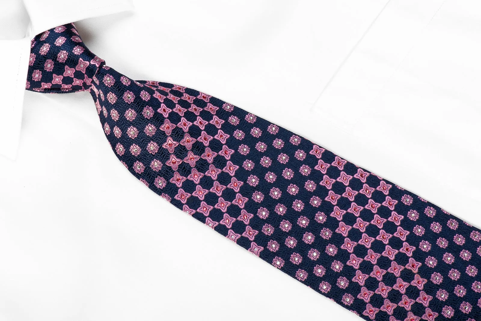 Nina Ricci Men's Crystal Silk Necktie Pink Geometric On Navy