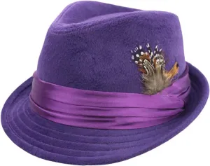 Purple Wool Felt Fedora Hat with Feather Trim