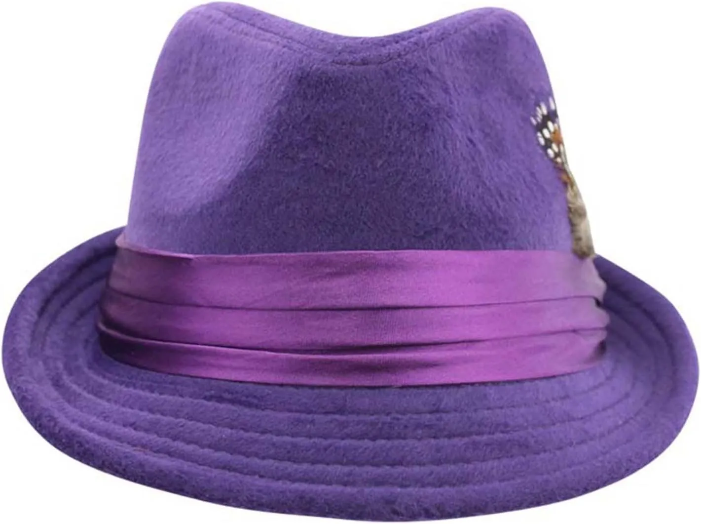 Purple Wool Felt Fedora Hat with Feather Trim