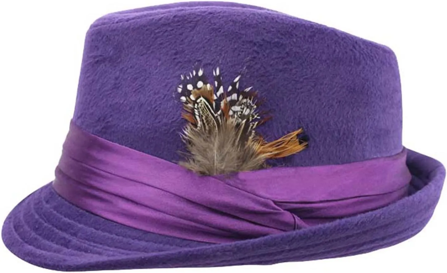 Purple Wool Felt Fedora Hat with Feather Trim