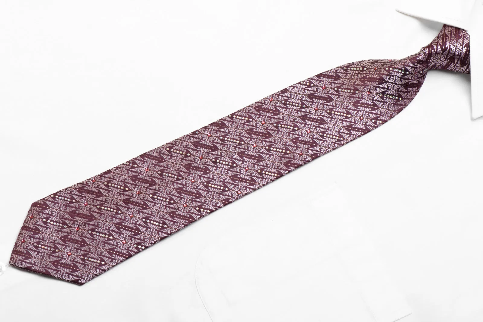 Rhinestone Silk Tie Cartouche On Burgundy With Silver Sparkles