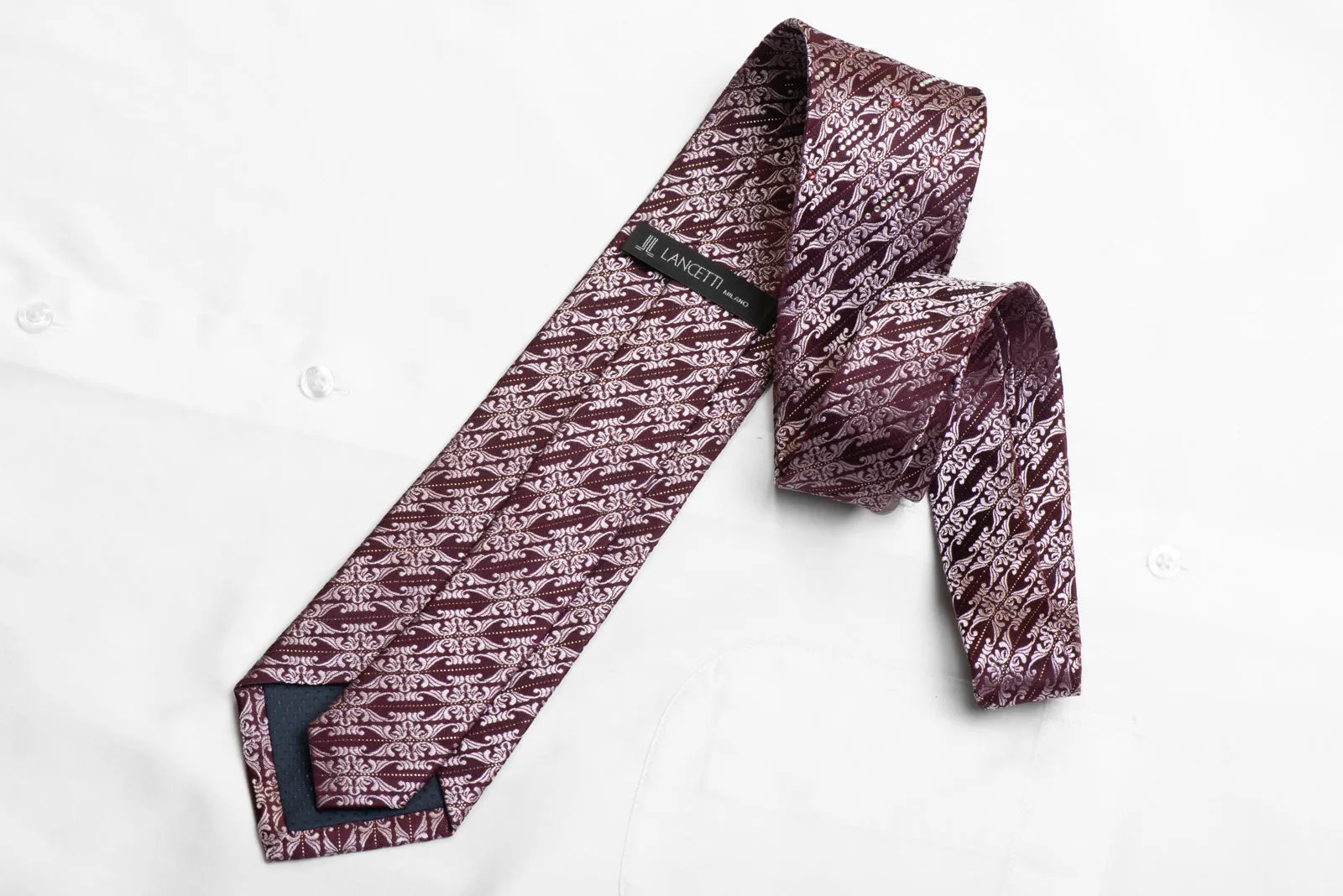 Rhinestone Silk Tie Cartouche On Burgundy With Silver Sparkles