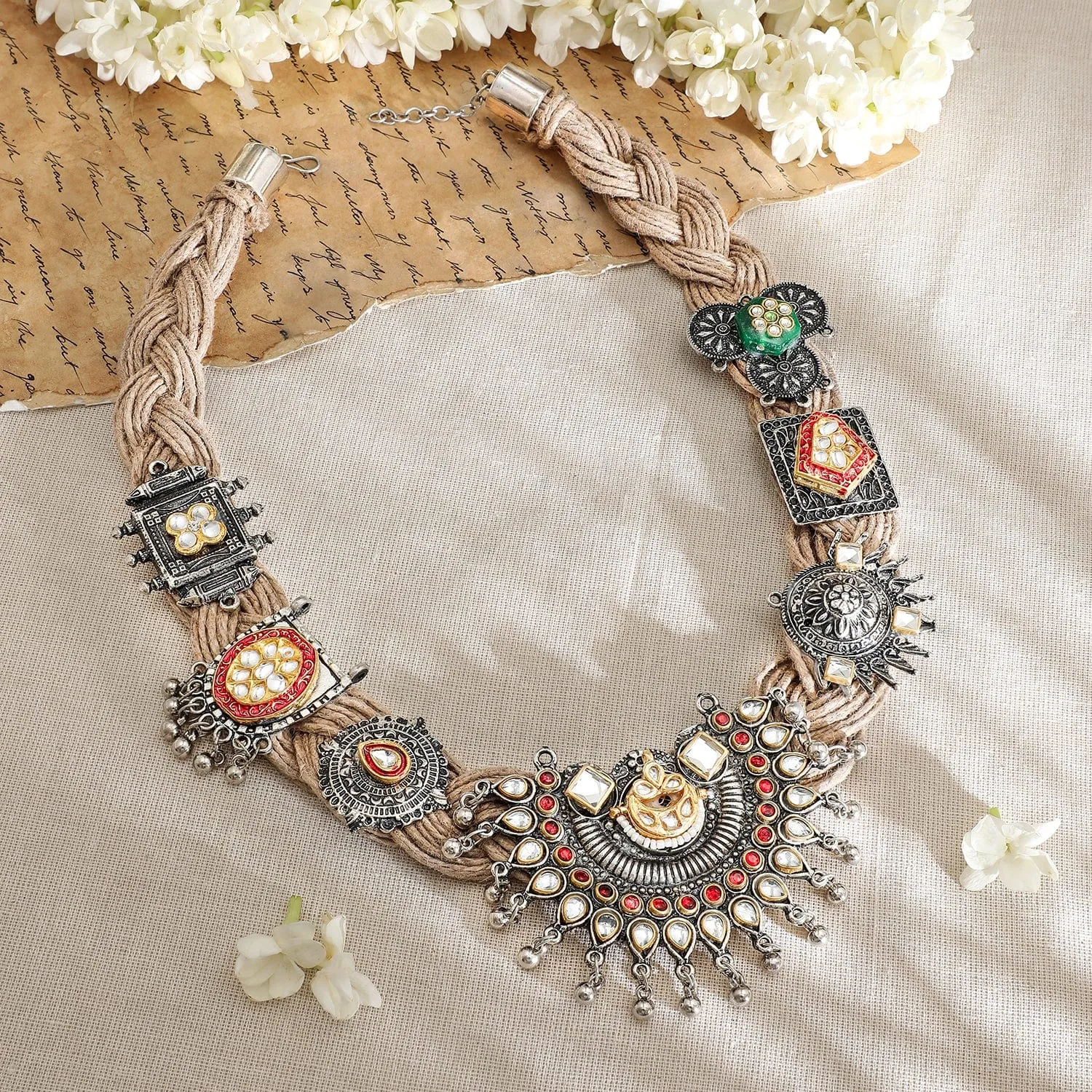 Rubans Oxidized Silver-Plated Multicolor Bold  Statement Necklace with Threaded Detailing