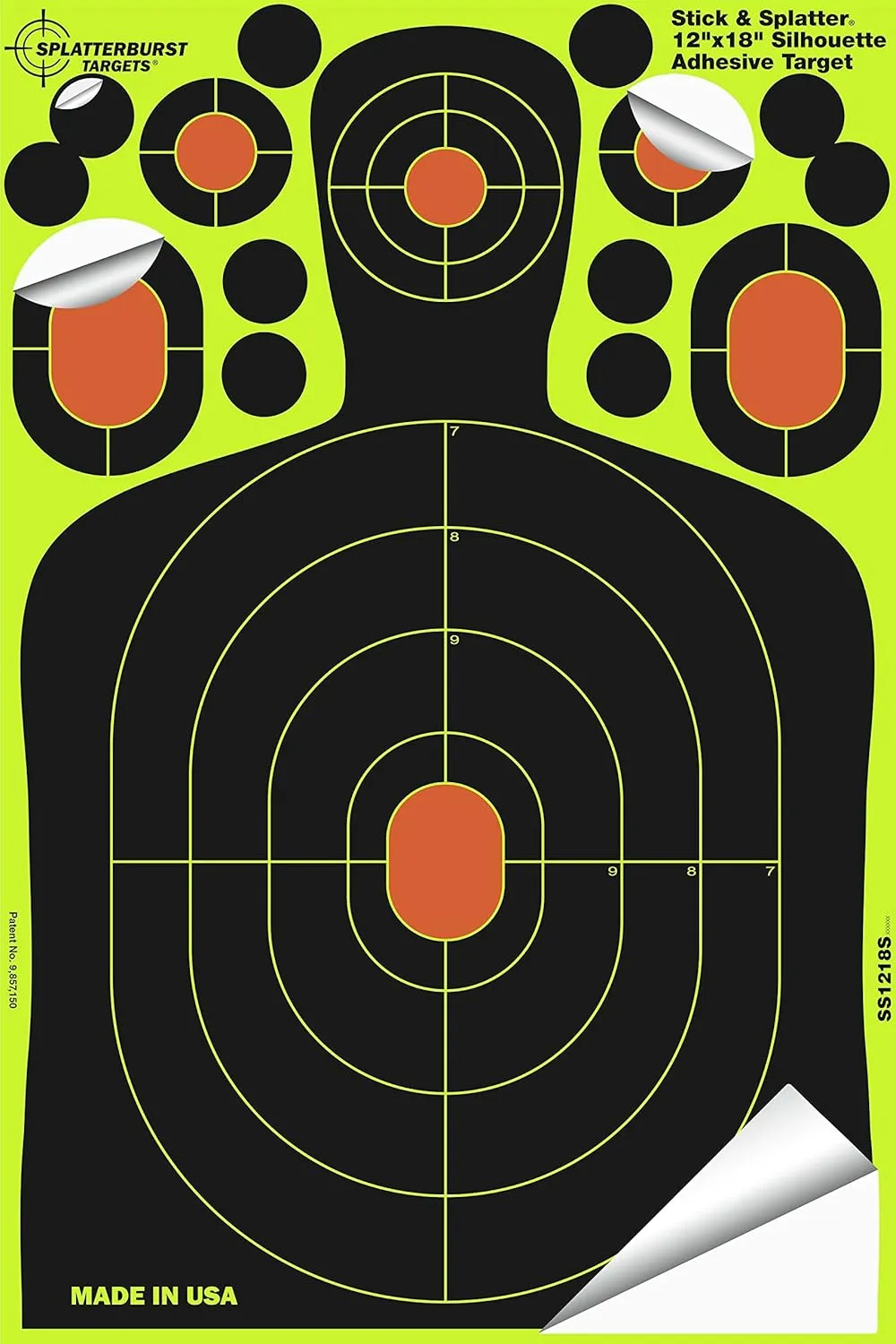 Splatterburst Targets - 12 x18 inch - Stick & Splatter Silhouette Self Adhesive Shooting Targets - Shots Burst Bright Fluorescent Yellow - Gun - Rifle - Pistol - Airsoft - Air Rifle - Made in USA