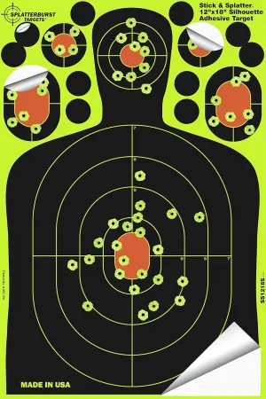 Splatterburst Targets - 12 x18 inch - Stick & Splatter Silhouette Self Adhesive Shooting Targets - Shots Burst Bright Fluorescent Yellow - Gun - Rifle - Pistol - Airsoft - Air Rifle - Made in USA