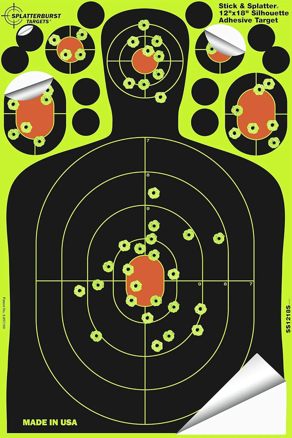 Splatterburst Targets - 12 x18 inch - Stick & Splatter Silhouette Self Adhesive Shooting Targets - Shots Burst Bright Fluorescent Yellow - Gun - Rifle - Pistol - Airsoft - Air Rifle - Made in USA
