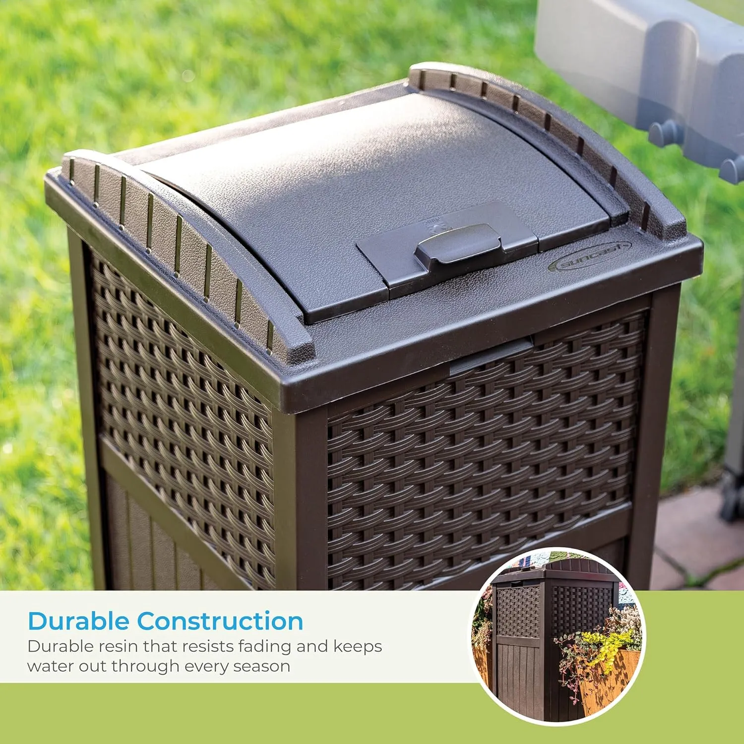 Suncast 33 Gallon Commercial Outdoor Trashcan Hideaway with Lid for 30 to 33 Gallon Trash Bags for Garage, Backyard, or Garden, Brown