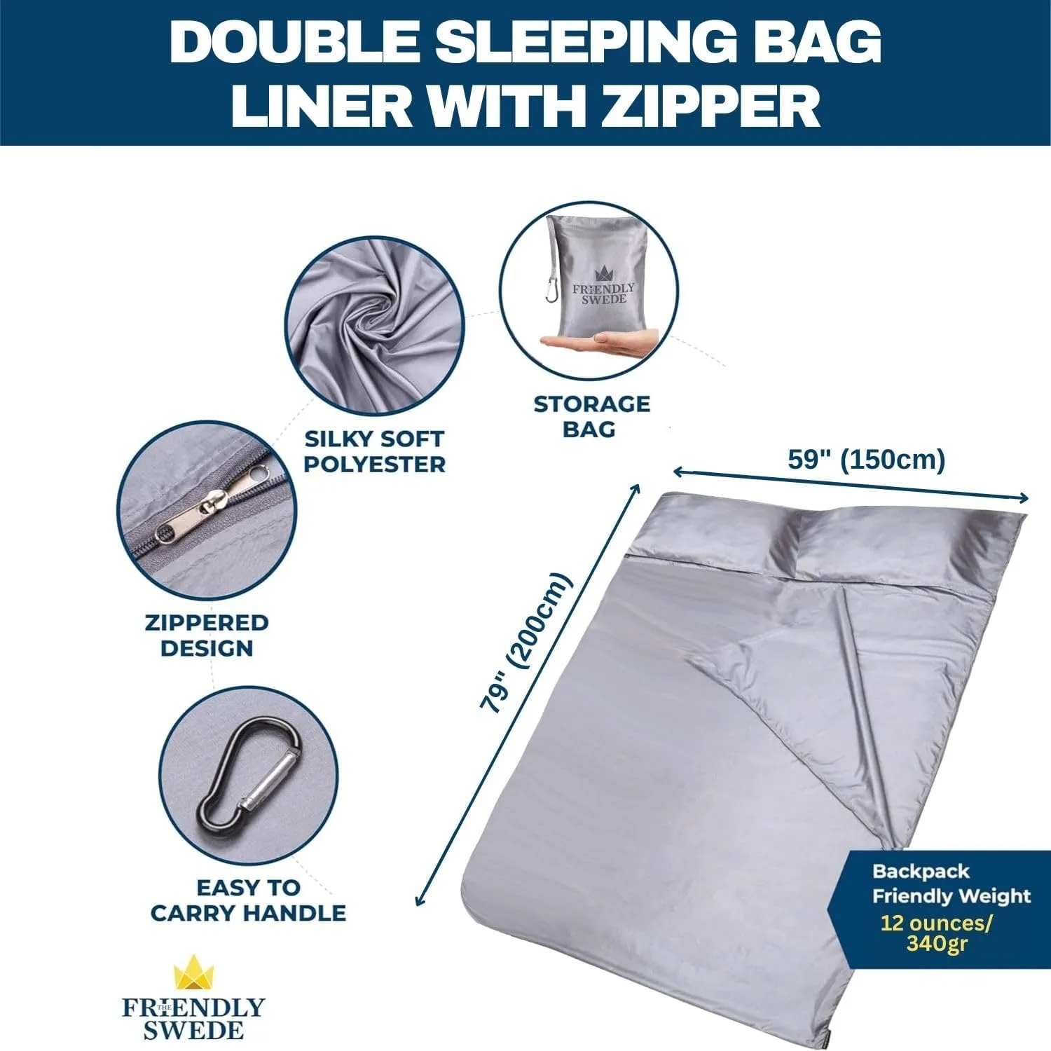 The Friendly Swede Sleeping Bag Liner  Ultralight Polyester or Cold Weather Microfiber Adult Sleep Sack; Thin Travel Sheets for Hotel; Camping Sheets; Travel Sleeping Bag with Pocket-Size Stuff Sack