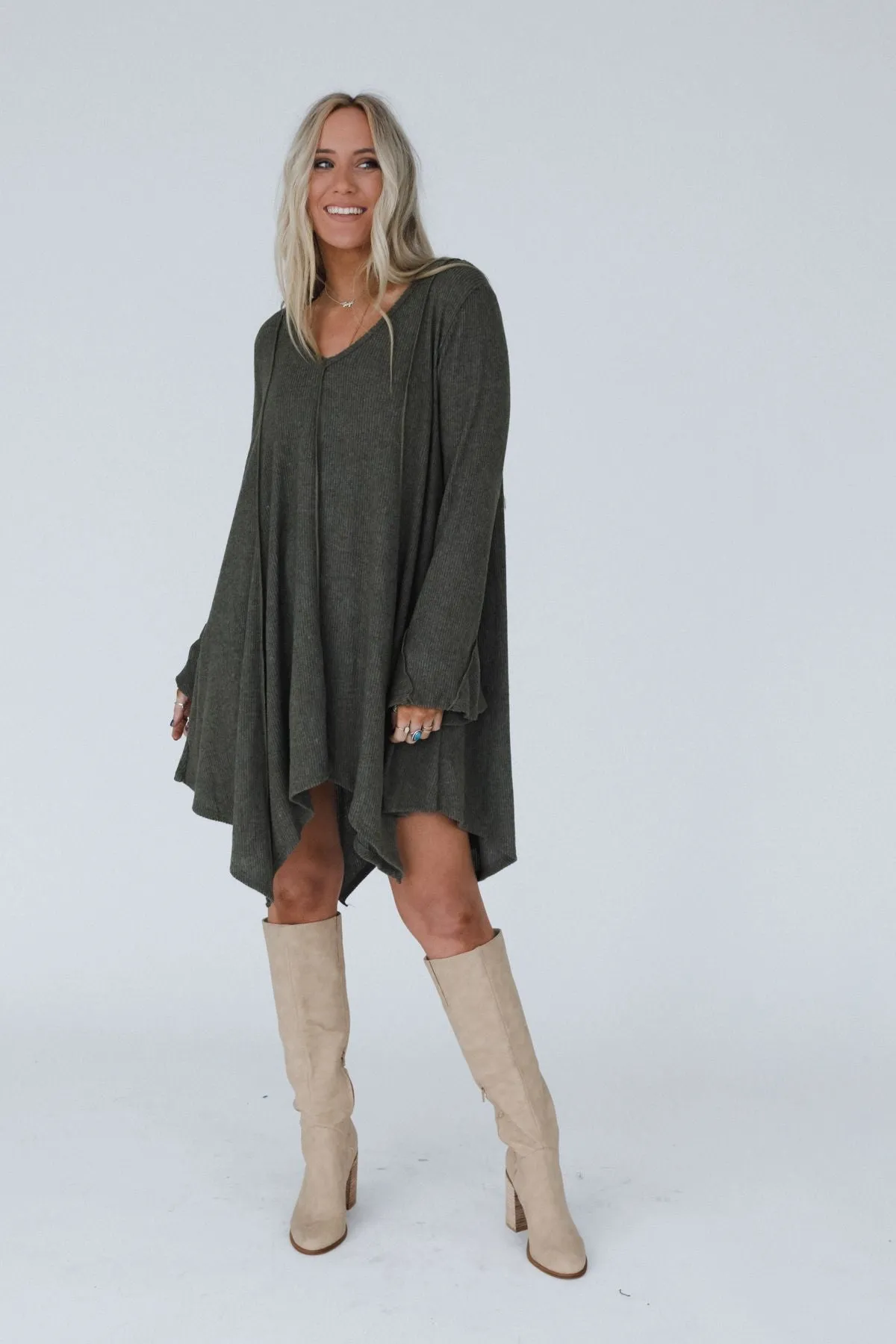 The Nest Golden Hour Long Bell Sleeve Tunic Dress - Olive