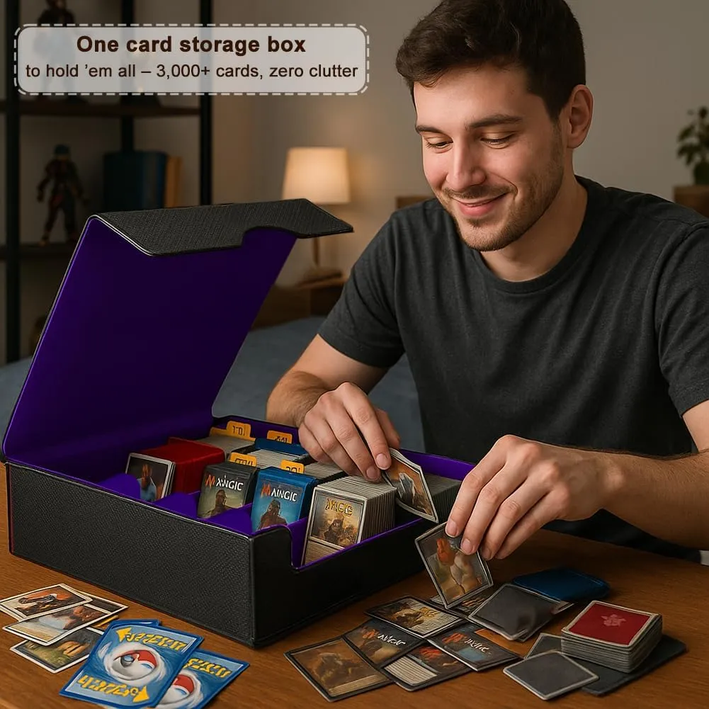 Trading Card Storage Box (3000  Cards Capacity)  Magnetic MTG Deck Box, Waterproof PU Leather, Thickened Material  Includes 24 Dividers, 4 Card Stands, 6 Cleaning Cloths  Card Box for TCG & YuGiOh